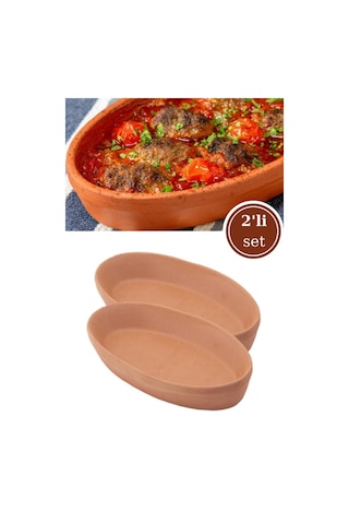 Elizi Çömlekleri 2 Adet Toprak Kayık Kase, Kayık Güveç Fırın Kabı 2 Li Set Orta Boy 26x14cm Toprak