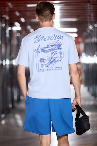 Grımelange Roomy Erkek %100 Organik Pamuklu Yuvarlak Yakalı Baskı Detaylı Comfort Fit Mavi T-shirt