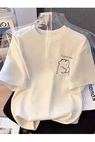 Hazego Baskılı Oversize Bisiklet Yaka T-shirt - Beyaz Beyaz