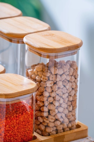 Malibu Bambu Standlı 6 Lı Cam Baharatlık Seti Bambu