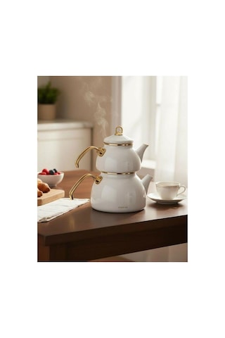 Premium Dembu Emaye Çaydanlık Demlik Seti White Gold-6374 Beyaz