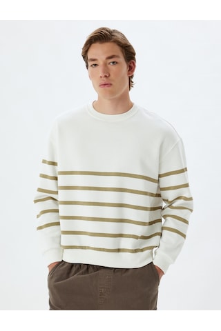Koton Oversize Sweatshirt Bisiklet Yaka Çizgili Pamuk Karışımlı Bej Çizgili 5wam70105mk Ekru