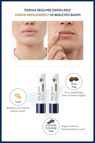 Yulaf Özü Shea Yağı İçeren Nemlendirici Hassas Dudak Bakım Kremi Seti Mılk Baobab Family Lip Balm