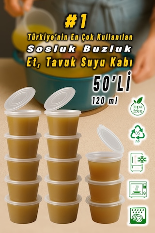 50 Adet Sızdırmaz 120 Ml Mini Saklama Kabı Sosluk Buzluk Kabı, Et Suyu, Kemik Suyu, Sos Kabı Mutfak Diğer