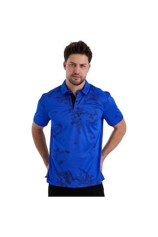 Gölge Desenli Spor Polo Yaka Erkek Kısa Kol Tişört Saks Mavi