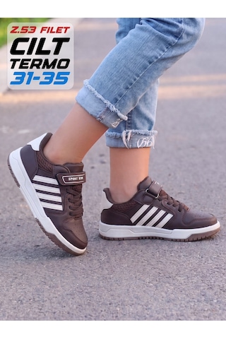 Papucumun Dünyası Çocuk Bağcıklı Cırt Cırtlı Kolay Giyimli Günlük Spor Ayakkabı Sneaker Kahverengi