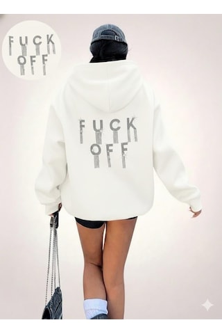 Afri Kadın Ekru Oversize Kapüşonlu Sweatshirt Taş Detaylı F Ck Off Yazılı Rahat Günlük Kapüşonlu Üst Ekru