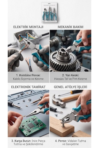 Ergonomik İzole Saplı 3'lü Pense Takımı - Pense 175 Mm/yan Keski 160 Mm/kargaburun 160 Mm