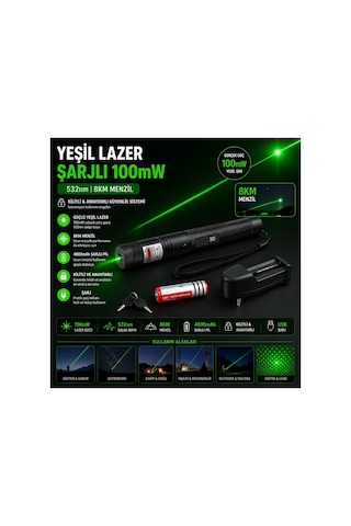 Laser 303 Yeşil Lazer Şarjlı 100mw 532nm 8km Menzil Kilitli Anahtarlı 4800mah Şarjlı Pil Green Laser Pointer Siyah