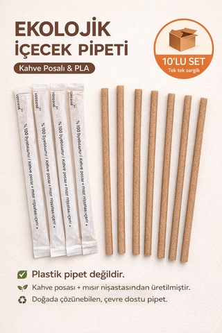 10'lu Wastepresso Ekolojik Pla Pipet 8x240 Mm Kompostlanabilir, Sargılı, Kahve Posalı