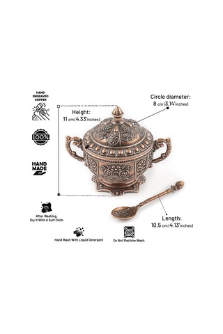 Dmt Copper Home Gaziantep Bakır Zamak Şekerlik Kase Yükseklik 11 Cm Genişlik 13 Cm& Kaşık Dahil