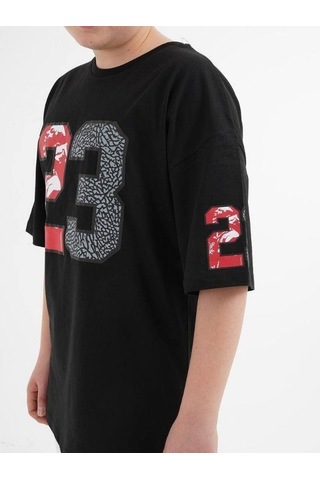 Çocuk 23 Yazılı Oversize Pamuklu T-shirt-16013 SIYAH