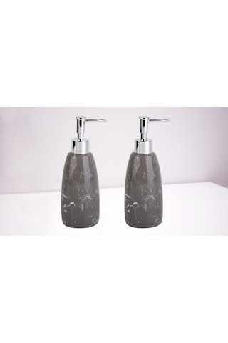 Banyo Seti Mermer Desenli Gri Sıvı Sabunluk 2 Adet 8x8x17cm 300ml Gri