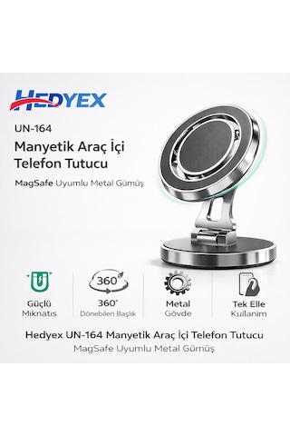 Hedyex Un-164 Manyetik Araç İçi Telefon Tutucu Magsafe Uyumlu Metal Gümüş