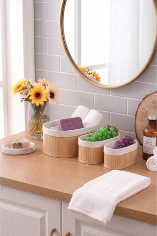 Oval 3 Lü Set İçi Kumaşlı Oval Bambu Düzenleyici Sepet Çok Amaçlı Organizer-oval Bej Bej