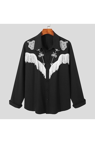 İncerun Bahar Erkek Püskül Baskılı Uzun Kol Bol Üstler Siyah