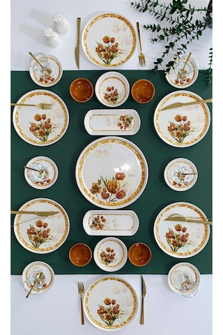 Vintage Tulip 6 Kişilik 21 Parça With Saucer Kahvaltı Takımı Kızıl Kahve