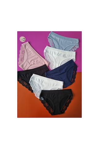 Demirsa Boutique Dantelli, Biye Detaylı Lacivert, Pudra, Mavi, 2 Beyaz Ve 2 Siyah Renk 7'li Modal Kadın Bikini Külot Çok Renkli