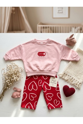 Bambık Pamuklu Kalp Desenli Kız Bebek Sweatshirt Pantolon Takımı Pembe