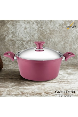 24 Cm Granit Derin Tencere Çelik Kapak - Mürdüm Mürdüm