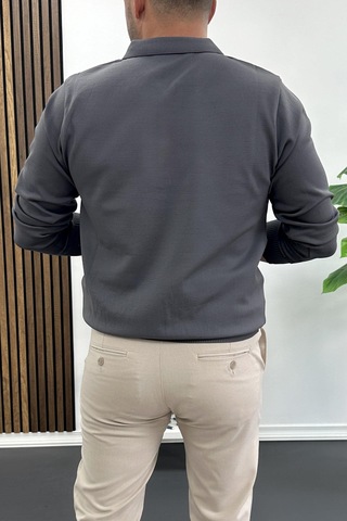 Edwox Erkek Yarım Fermuarlı Düz Desen Polo Yaka Kazak Antrasit Edw424 Antrasit