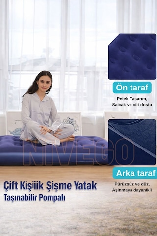 Nivego Çift Kişilik Şişme Yatak Dahili Pompalı 203x152x22cm Kamp & Ev Kullanımı İçin Delinmeye Ve Kesilmeye Dayanıklı Lacivert