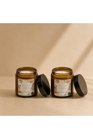 Tiem Concept Kokulu Mum 2'li Set - Soya Mum Hediye Seti, Sandalağacı Ve Okyanus Aromalı Amber Kavanoz Mumlar -%100 Do Çok Renkli