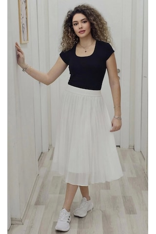 Beli Lastikli Pliseli Etek 6018-beyaz Beyaz