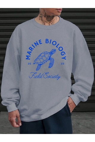 Tarzsokak Deniz Biyolojisi Kaplumbağa Baskılı Sweatshirt Erkekler İçin Bisiklet Yaka Günlük Kazaklar Po Gri