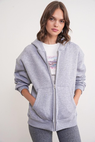 Mixray 2023 Unisex 3iplik Basic Polarlı Fermuarlı Sweatshirt Hoodie Gri