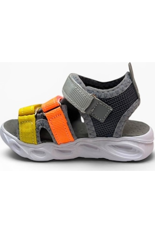 Arzen Bebe 232-26 3 Cırtlı Işıklı Anatomik Çocuk Sandalet Gri Turuncu Sarı 22-25