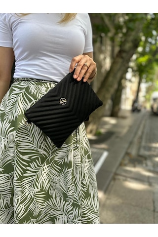 Sanmorris Kadın Siyah Renkli Saten Kumaş Ayarlanabilir Çapraz Ve El Askılı Portföy, Clutch Çanta Siyah