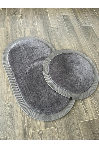 Melena Carpet Premium Kaymaz Taban Peluş Banyo Paspası Seti Jüt Kenar Detaylı 2 Li Oval Yuvarlak 100x60 60x60 Antrasit