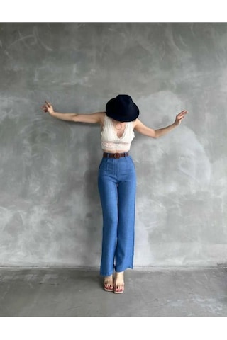 Kadın Yazlık Trend Beli Kemerli Keten Pantolon Saks Mavi Saks Mavi