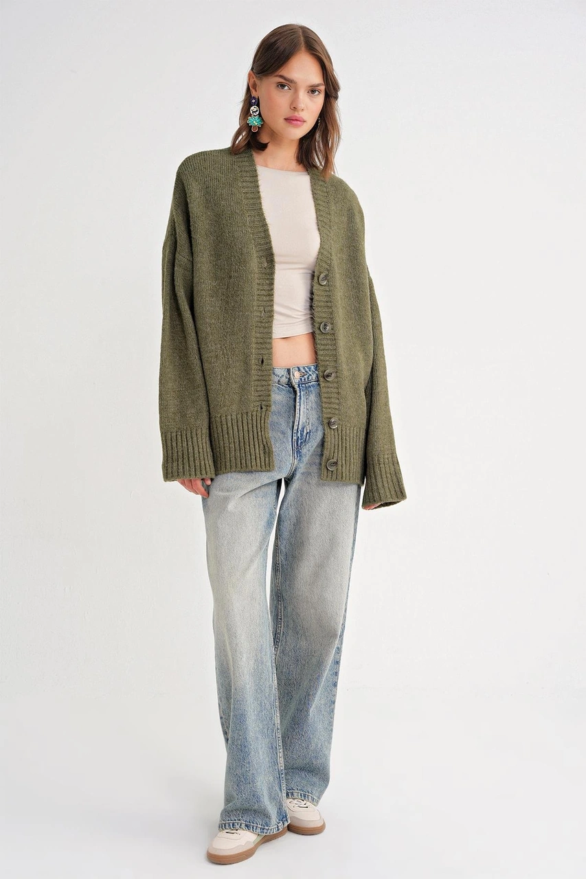 6927 Kadın Yumuşak Dokulu Salaş Basic Triko Hırka Haki Haki