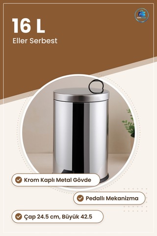 Pedallı Krom Metal Çöp Kovası 16 L Mutfak Banyo Ofis Çap 24.5 Cm