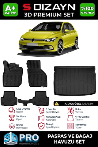 S-dizayn Vw Golf 8 Manuel 3d Pro Havuzlu Paspas Ve Üst Bagaj Havuzu Seti 2'li Set 2020-2024 A+ Ka