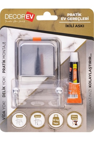 Decorev Dc-4772 Dekoratif Yapıştırmalı Banyo Mutfak Metal Iki Kancalı Askı Krom Gri