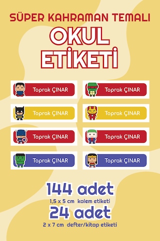 Süper Kahramanlı Isimli Okul Etiketi Defter Kalem Sticker Seti