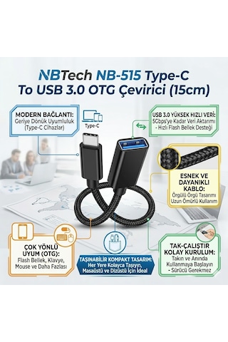Nbtech Nb-515 Type-c To Usb 3.0 Otg Çevirici Adaptör 15cm Erkek-dişi