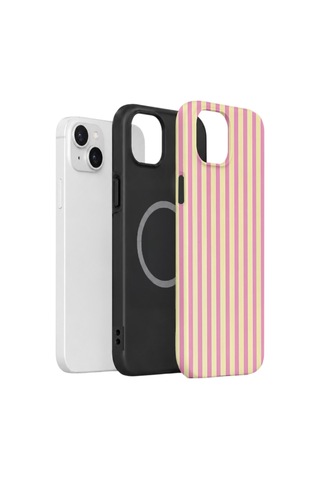 Apple iPhone Uyumlu 13 Vorian Çift Katmanlı Magsafe Kılıf Pink Lemon Pinstripe