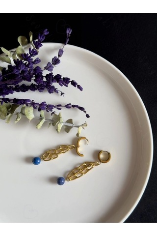 Lapis Lazuli Doğal Taşlı Gold Çelik Küpe Sevgili Takı Koleksiyonu Gold