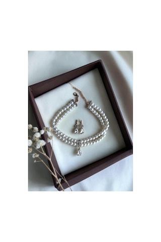 Zirkon Taşlı Su Damlası Sallantılı Tasma Choker İnci Kolye Ve Küpe Seti Düğün Nikah Kına Beyaz