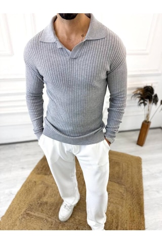Elku Moda Kazak Slim Fit Polo Yaka Fitilli Yumuşak Dokulu Tüylenmez Sweatshirt Gri