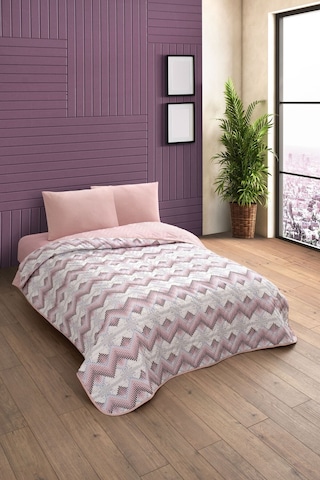 Çift Kişilik Desenli Kapitone Çift Taraflı Renkli Pike Yatak Örtüsü Takımı 200x230 Cm Çarşafsız Pudra