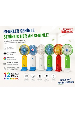 Ten,3 Kademeli Şarjlı Mini El Fanı 12 Renk Seçenekli 5 Saat Kullanım Taşınabilir Masaüstü Fanı Set6