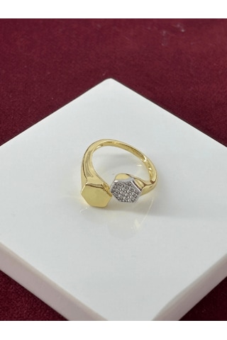 Silver Taşlı Bal Peteği Detaylı Gold Yüzük Gold