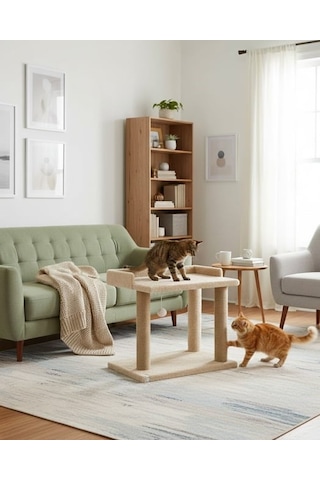 Reyo Pet Teraslı Yataklı Ponponlu Kedi Tırmalaması Bej