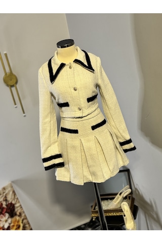Maison Meda Gold Touch Tweed Set Kışlık Lüks Şık Ceket & Etek Takım Bej