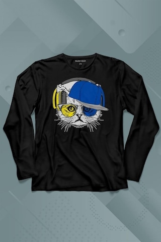 Cat Glasses Gözlüklü Sarı Lacivert Fenerbahçe Kedi Uzun Kollu Tişört Baskılı Çocuk T-shirt 001
